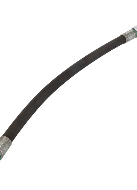 Currently, there is no detailed product description available for the AGCO Hose - Acp0418640, a black hydraulic hose equipped with metal fittings on both ends. One fitting features a straight design, while the other is bent at a right angle.