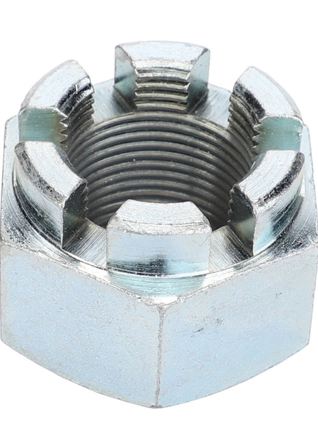 There is no current product description available for the AGCO Castle Nut - Va023472, a silver castellated hex nut with grooves on the top, viewed from above on a white background.