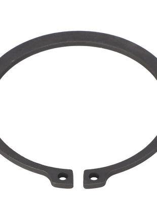 The AGCO RING - AL5016618 is a circular metal snap ring with open ends and two small holes near the tips, designed for retaining components on a shaft or housing.