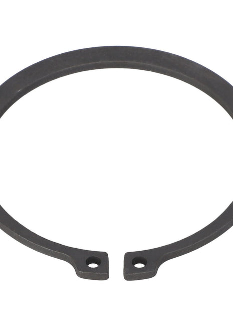 The AGCO RING - AL5016618 is a circular metal snap ring with open ends and two small holes near the tips, designed for retaining components on a shaft or housing.