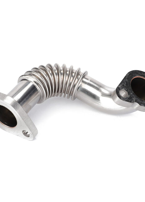 The AGCO | Compensator - F339202100080 is a curved metal exhaust pipe featuring a flexible, ribbed section and flanged ends. No additional product description available.