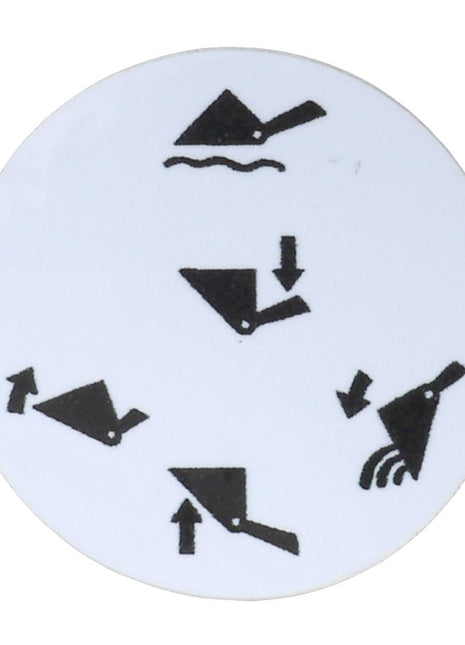 A circular instructional diagram shows four steps: holding the implement horizontally, tilting it downwards, further tilting downwards, and finally water or liquid pouring out. Detailed product description information for the AGCO | DECAL - AL60000461 is currently not available.