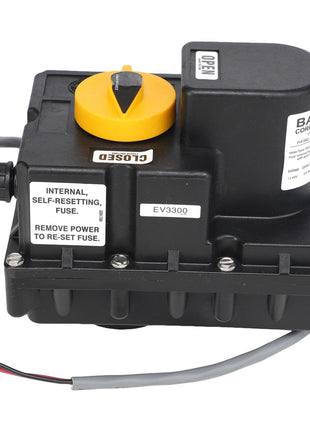 Introducing the AGCO | ACTUATOR - AG429172, an electrical component from AGCO featuring multiple wires, a switch labeled "Open," and a sticker indicating an "Internal, self-resetting fuse. Remove power to reset fuse," commonly found in electric valve assemblies.