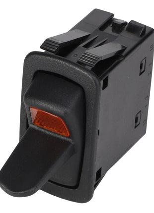 Product Description: The AGCO | Paddle Switch - AG124435 is a black rocker switch featuring a red indicator light on the front and two connection prongs on the back. At present, no additional product description information is available beyond these basic features.