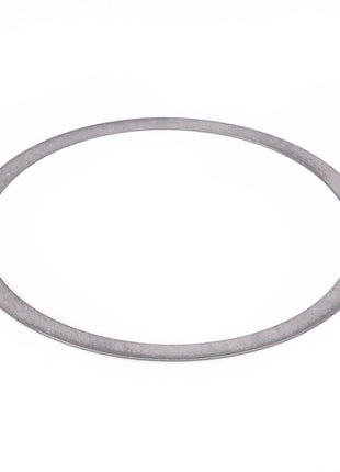The AGCO Shim - F411301021100, a thin, flat, circular metal washer with a smooth surface, gleams gently against a pristine white background.