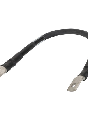 The AGCO | Negative Battery Cable - Acw355820A, a black electrical cable, features two metal lug connectors at each end to ensure a secure and reliable connection.