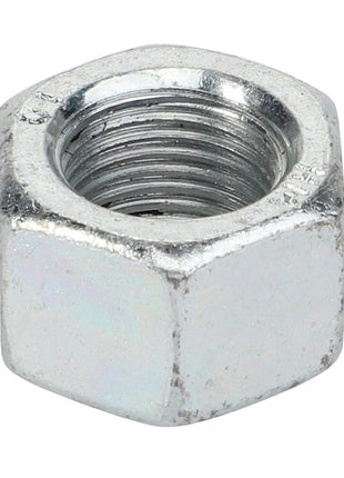 Close-up of the AGCO NUT - LA10790521, a metal hexagonal nut with internal threading, typically used in conjunction with a bolt for fastening. No further product description information is available about this specific item.