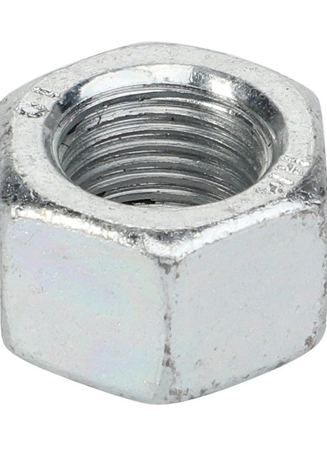 Close-up of the AGCO NUT - LA10790521, a metal hexagonal nut with internal threading, typically used in conjunction with a bolt for fastening. No further product description information is available about this specific item.