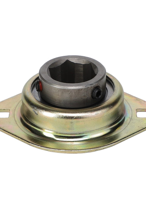 The AGCO Bearing - SN19308 by AGCO is a metal threaded insert with a hexagonal inner shape, mounted on a round base featuring two holes for secure attachment.