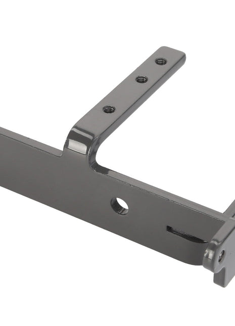 The AGCO Bracket - Acx2750710 from AGCO is a black metal bracket featuring multiple holes and slots, providing versatile mounting or securing options for a wide range of hardware needs.