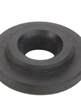 The AGCO | Bush - Acp0336110, a black rubber grommet with a circular shape and a hole in the center, is elegantly displayed against a pristine white background.