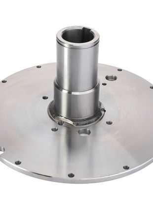 Introducing the AGCO Hub, Beater Transmission - D28380702, a metal mechanical component featuring a flat circular base with multiple holes and a cylindrical shaft extending vertically from the center, designed to ensure peak efficiency in your machinery with genuine AGCO Parts quality.
