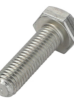 A close-up image of the AGCO HEXAGONAL HEAD BOLT - D40407000, featuring a silver metallic bolt with a hexagonal head and threaded body, positioned at a slight angle against a white background.