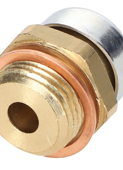 Close-up of the AGCO Breather Plug - Acp0360850, a brass threaded fitting with a hollow center. It features a hexagonal base and a metallic top section. Please note, there is currently no product description available beyond these details.