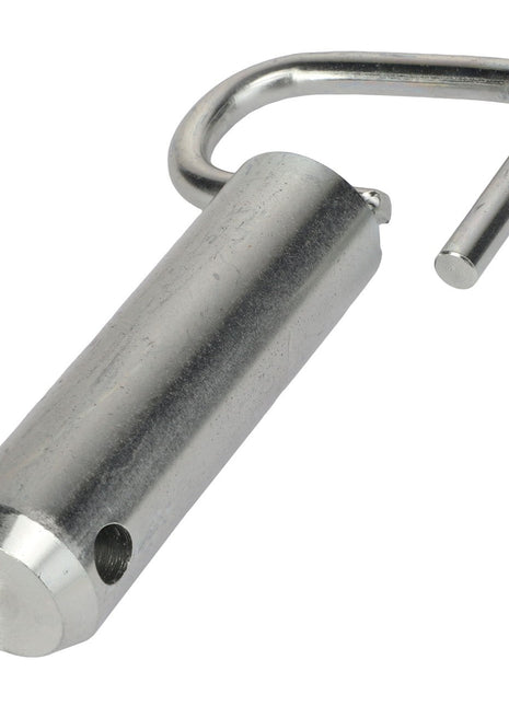 The AGCO | LOCKING PIN - ACP0410510 is a metal safety pin featuring a cylindrical body and a partially unattached, curved wire loop at the top. For any questions regarding ordering or usage, please contact our support team.