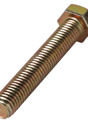 Close-up of an AGCO | BOLT - AG105561, featuring a metallic hex bolt with a threaded shaft, lying diagonally on a white background.