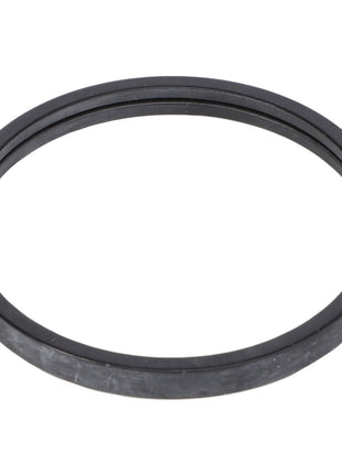 The AGCO Thermostat Seal - F530200050440 is a black, circular gasket with a flat surface, designed for sealing connections in plumbing or machinery.