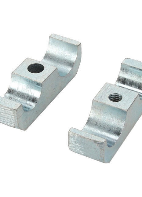 The AGCO Clamp - Acp0382510 features two sleek silver metal clamps with U-shaped grooves and precision-threaded holes.