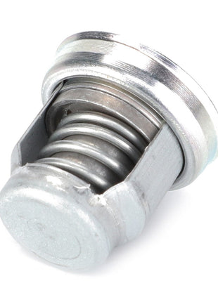 Close-up image of an AGCO Valve - F412200510050, featuring a metallic locking plunger with a spring mechanism and a circular top. No current product description available.