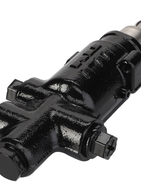 A robust black, metal AGCO Valve - Acw3067830 hydraulic power steering gear with visible bolts and fittings, expertly designed for automotive use.