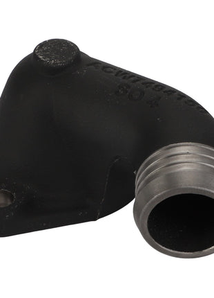 This product is the AGCO | Cover - Acw7494150, a black and silver metal pipe fitting component featuring an angled elbow and mounting holes. No current product description information is available for this item.