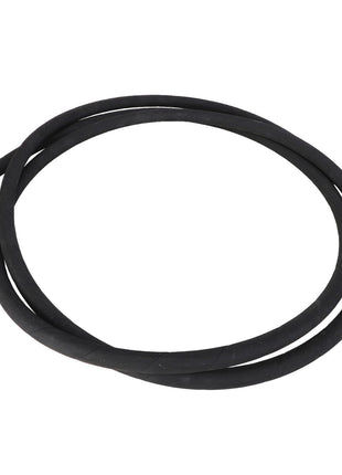 The AGCO HYDRAULIC HOSE - AL9031510 is a durable, coiled black rubber hose equipped with sturdy metal fittings on both ends.