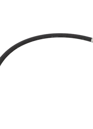 The AGCO | Pressure Hose - Acw2501120, a black, flexible hydraulic hose featuring metal fittings at both ends, is displayed against a plain white background.