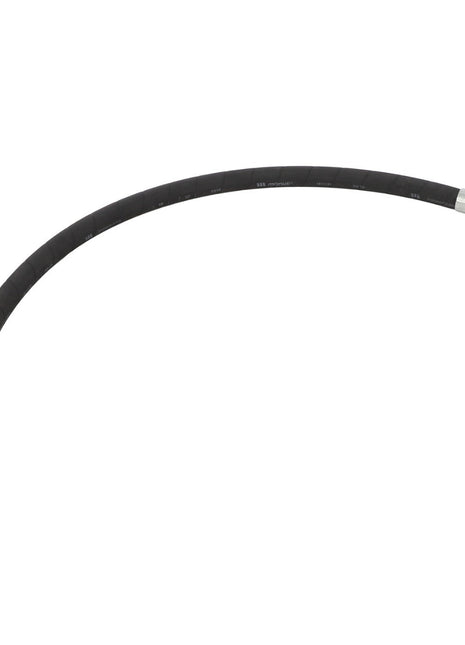 The AGCO | Pressure Hose - Acw2501120, a black, flexible hydraulic hose featuring metal fittings at both ends, is displayed against a plain white background.