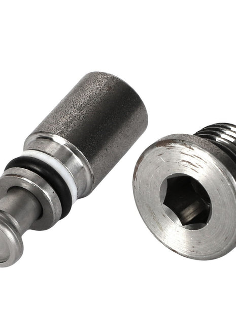 Two AGCO NON RETURN VALVE - AL10550067 components, featuring metallic hex socket set screws with one including an O-ring, are laid on a plain white background. Note that detailed product descriptions are currently unavailable.