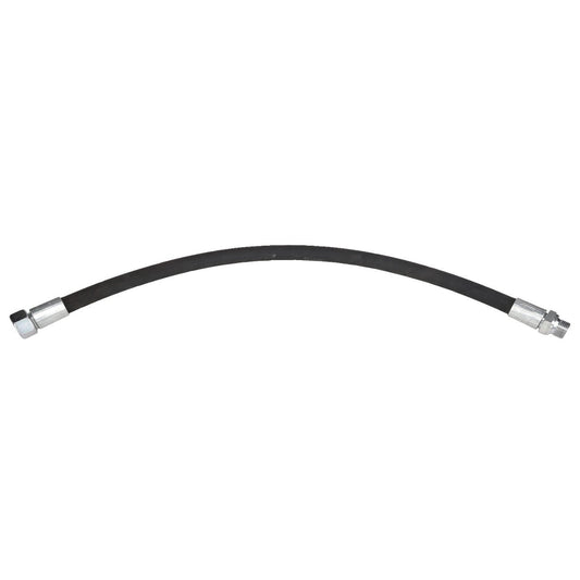 Introducing the AGCO | HOSE - AL9031566 from AGCO: A flexible black hose with metal fittings on both ends, slightly curved. No current product description information is available.