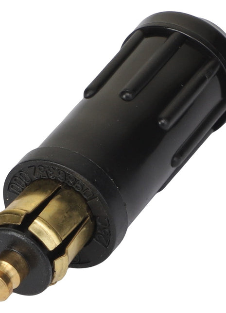 Introducing the AGCO Plug - 1101600: a sleek black and brass electrical connector plug featuring a cylindrical shape with grooved sides, perfect for your next project. For assistance with ordering or additional information, please contact our support team.