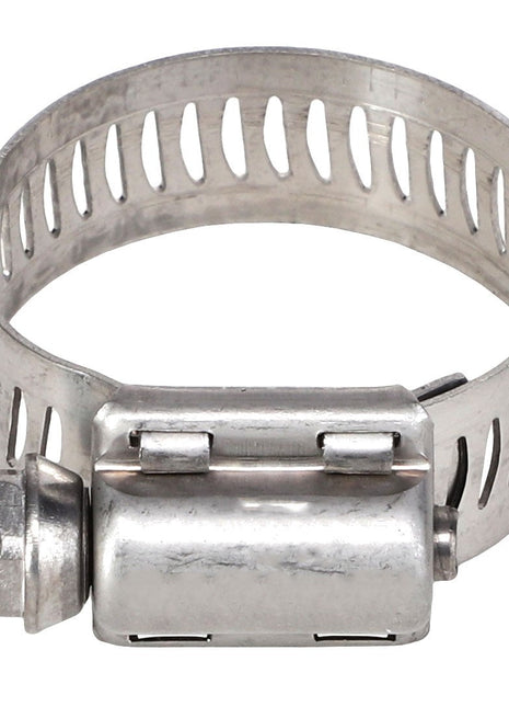 The AGCO HOSE CLAMP - AG561229 is a metal clamp with a screw mechanism, featuring slotted band loops and a cylindrical housing, renowned for its durability. As an AGCO Genuine Part, it is designed to ensure optimal performance in various application equipment parts.