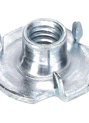 The AGCO | HEX NUT - AG133160 is a metallic T-nut featuring a cylindrical threaded hole and three prongs for secure placement.