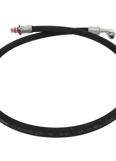 Introducing the AGCO HYDRAULIC HOSE - AL9032612: A black, flexible hydraulic hose measuring 1300 mm and labeled "FLEXOPAK 2SC 3/8", complete with fittings on both ends and a pressure rating of 33 MPa (4800 PSI).