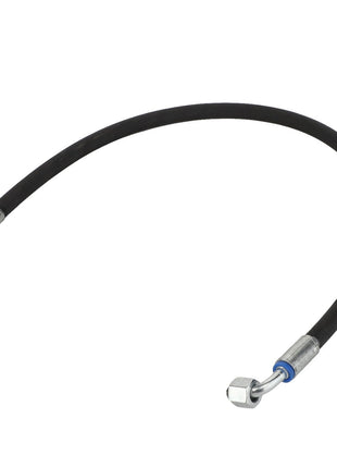 The AGCO Hydr. Hose - Acw2015380 features black rubber tubing with metal connectors on both ends, one straight and one angled, set against a white background.