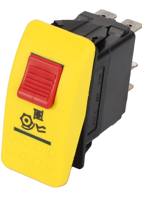 AGCO's SWITCH - D45000122 is a yellow and black rocker switch featuring a red button and a warning symbol of a hand near a rotating fan, designed for use in electronic or mechanical devices. No current product description information is available.