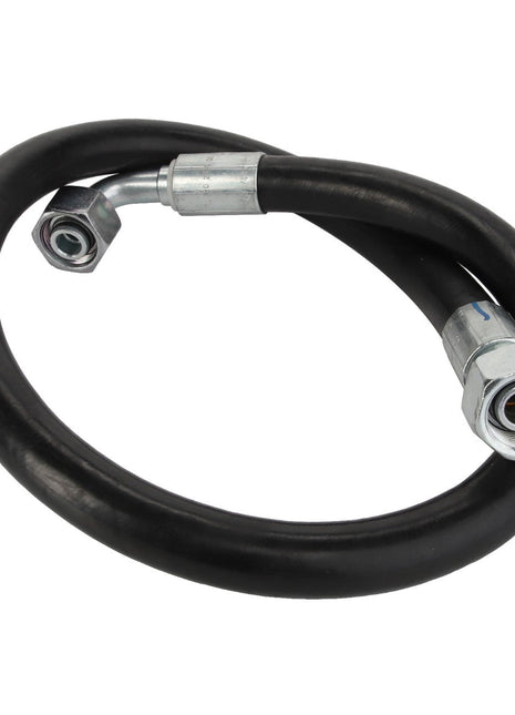 A product by AGCO featuring a black coiled hydraulic hose that has metal fittings on both ends—one straight and one angled—commonly recognized as a WARNING DECAL (Product No. ACP0544050). Additional specifications are currently unavailable.