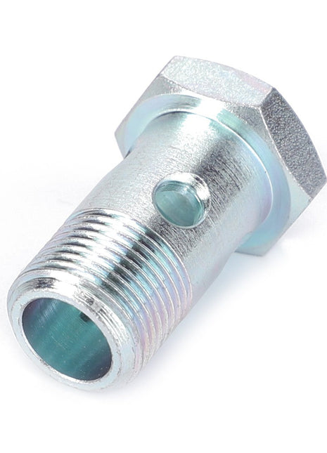 Close-up of an AGCO hex-head metal pipe fitting, specifically the Banjo Bolt - Acw0318030, featuring a threaded end and a small central hole along the side. No current product description information available for this item.