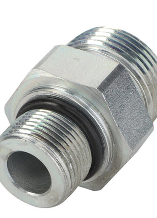 The AGCO | Connector Fitting - Acw3739630, made by AGCO, is a durable metal pipe fitting featuring a hexagonal central section and threaded ends for secure connections and versatility.