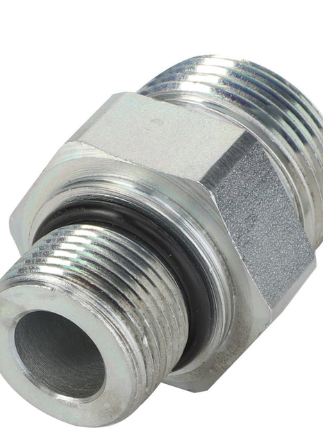 The AGCO | Connector Fitting - Acw3739630, made by AGCO, is a durable metal pipe fitting featuring a hexagonal central section and threaded ends for secure connections and versatility.