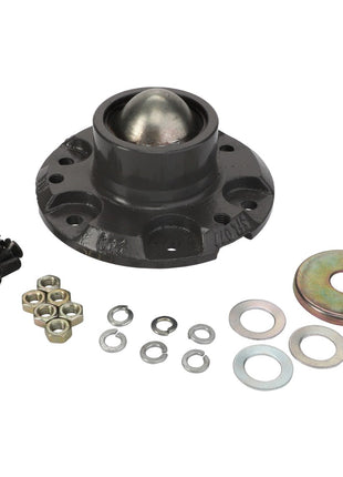 An AGCO Disc Hub Mount (Model: Acw4996240), featuring various components such as bolts, nuts, washers, and a central spherical joint, meticulously arranged on a pristine white background.