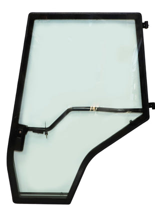 Image of the AGCO | Left Hand Gate - Acp0348540, a large, irregularly shaped glass pane with a black frame and a metal wiper arm attached. This product, made by AGCO, appears to be designed for use as part of a vehicle or machinery.