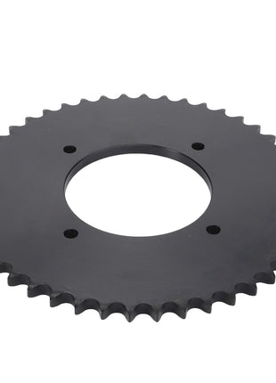 An image of a black circular gear with a toothed outer edge and four holes near the center, designed as the AGCO Cutting Header Auger Sprocket (D28283182), engineered by AGCO for optimal performance.