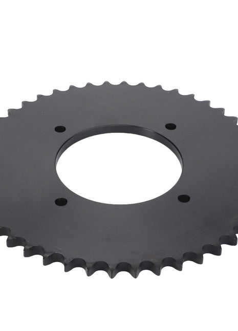 An image of a black circular gear with a toothed outer edge and four holes near the center, designed as the AGCO Cutting Header Auger Sprocket (D28283182), engineered by AGCO for optimal performance.