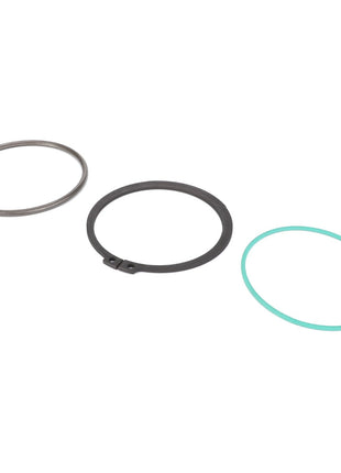 Three circular rings of different types from the AGCO | PARTS KIT - F931860030070: a silver circlip, a black snap ring, and a green O-ring, are neatly arranged side-by-side on a white background.
