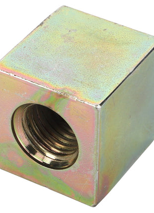 The AGCO | NUT - TM45122 is a metallic cube featuring a threaded hole on one side, designed as a component for assembly or mechanical use. Currently, no additional product description information is available.