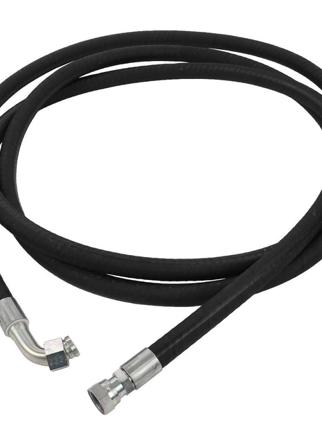 The AGCO | Hydraulic Hose - Acw1742720 is a coiled black hydraulic hose, abrasion-resistant and designed to withstand extreme temperatures, featuring metal fittings at both ends.