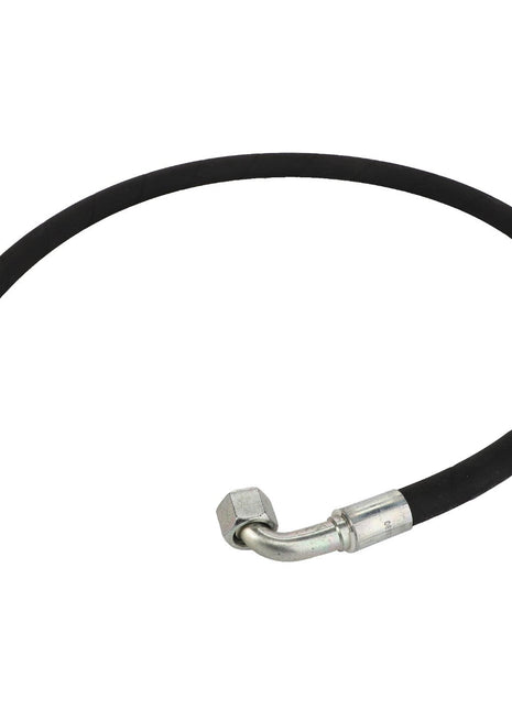 The AGCO Hydraulic Hose - Acw6038880 is a durable black hose with metal fittings on both ends, featuring one straight and one angled connection for versatile applications.