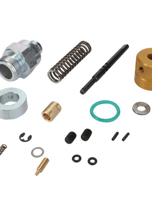 A collection of various small mechanical components, including springs, screws, washers, a metal fitting, and other fasteners arranged on a plain white surface. Product: AGCO | Regulator - Acp0225460 by AGCO.