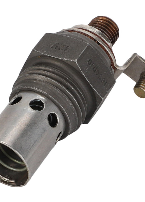 A close-up of the AGCO THERMOSTAT - AK1854010, featuring a cylindrical metal shape, perforated holes, threaded sections, and attached bolts. No current product description information is available.